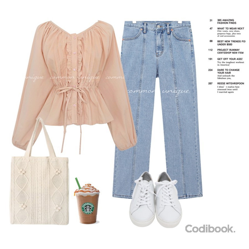 AIN girlish knit bag (4 colors),From Beginning Win real cowskin sneakers_H (size : 225,230,235,240,245,250),common unique ABIN BAGGY DENIM PANTS등을 매치한 코디