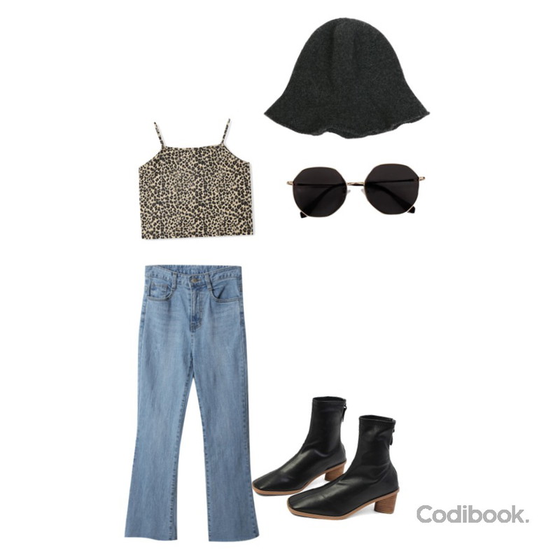 biznshoe Gold frame sunglass (2color),openthedoor leopard crop sleeveless (2 color),WHOSGIRL 스판 니트모자 (2 colors)등을 매치한 코디