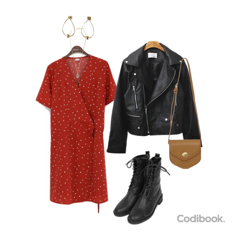 biznshoe Gold pendant necklace,binary01 달링하트 랩원피스,BANHARU water drop hoop earring등을 매치한 코디
