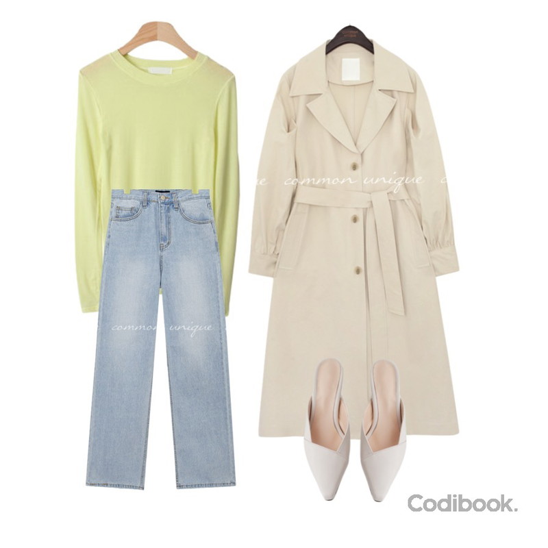 AFTERMONDAY modern middle mule heel (3colors),common unique MERDI PUFF TRENCH COAT,BACHO 피어리 텐셀 슬림티셔츠등을 매치한 코디