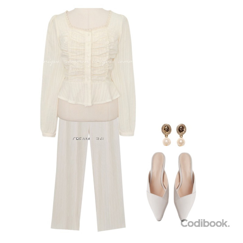 AFTERMONDAY modern middle mule heel (3colors),common unique BIAN ANTIQUE PEARL DROP EARRING,From Beginning 코지 링클밴딩팬츠 (3color)등을 매치한 코디