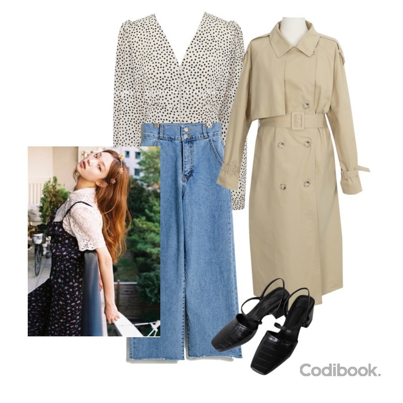 AFTERMONDAY vintage mood middle heel (3colors),REDIT 투버튼 와이드 데님,AWAB 마닐라트렌치코트등을 매치한 코디
