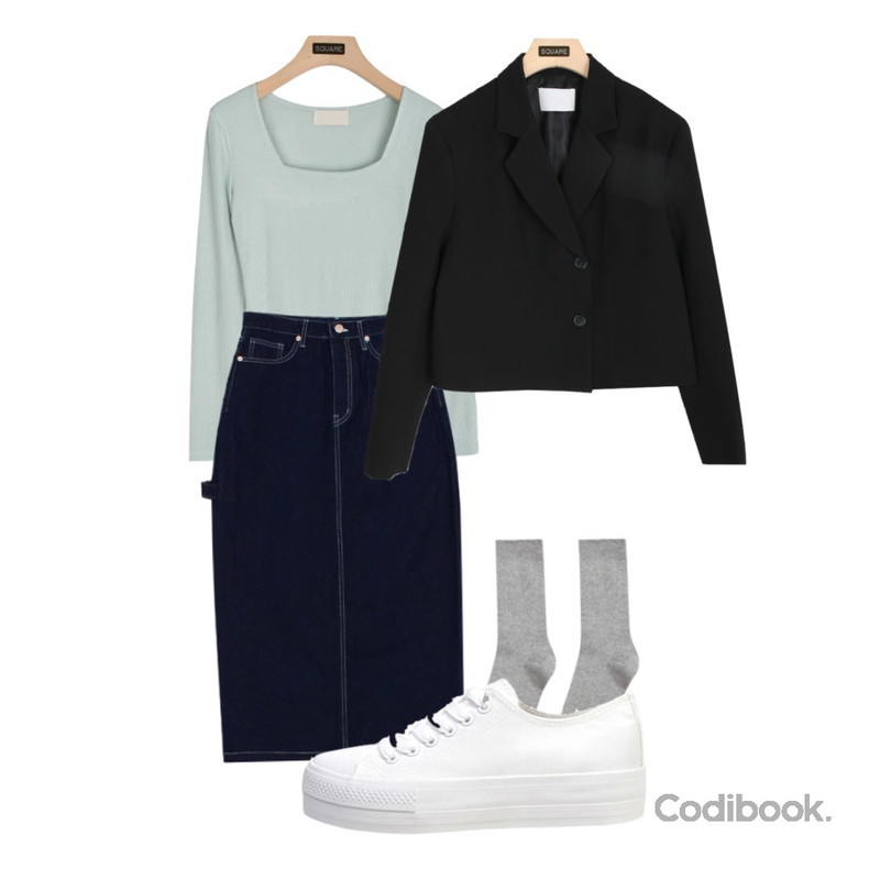 biznshoe Strap denim long skirt (2colors),biznshoe Standard cotton sneakers (2color),MIXXMIX 베이직 골지 롱삭스등을 매치한 코디