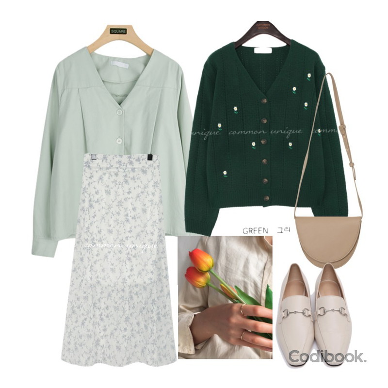 lavenir (made lavenir) layered ring set,From Beginning Second round shape bag_C (size : one),common unique COLLY FLOWER NEEDLE KNIT CARDIGAN등을 매치한 코디