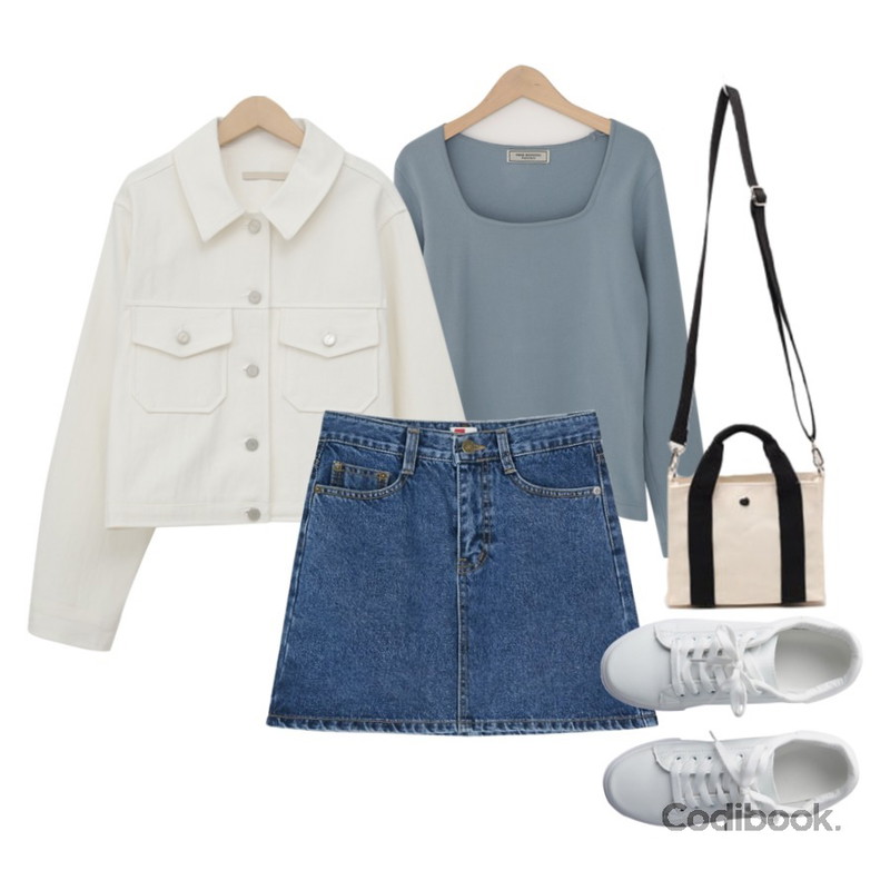 BANHARU 데일리 A라인 데님 미니스커트,MIXXMIX 제나 무지 운동화,From Beginning Angle cotton trucker jacket_C (size : free)등을 매치한 코디