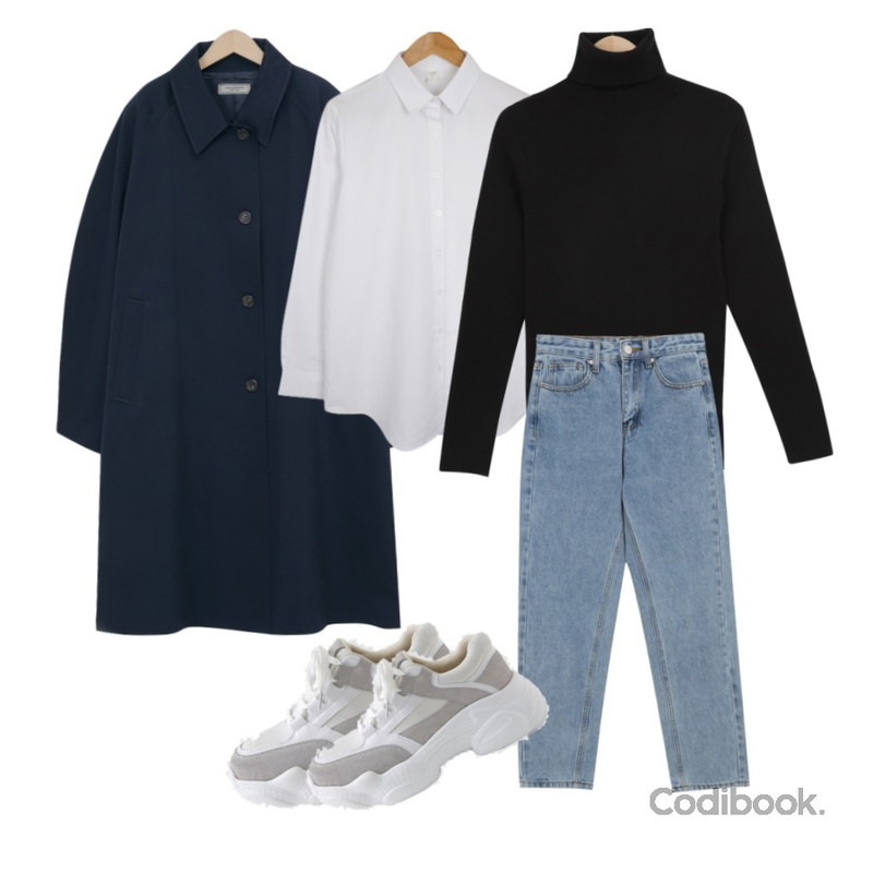 LOVELY SHOES 로드 가죽 어글리 스니커즈 5.5cm,From Beginning Heidi slim pola knit_U (size : free),From Beginning Doner long trench coat (size : free)등을 매치한 코디