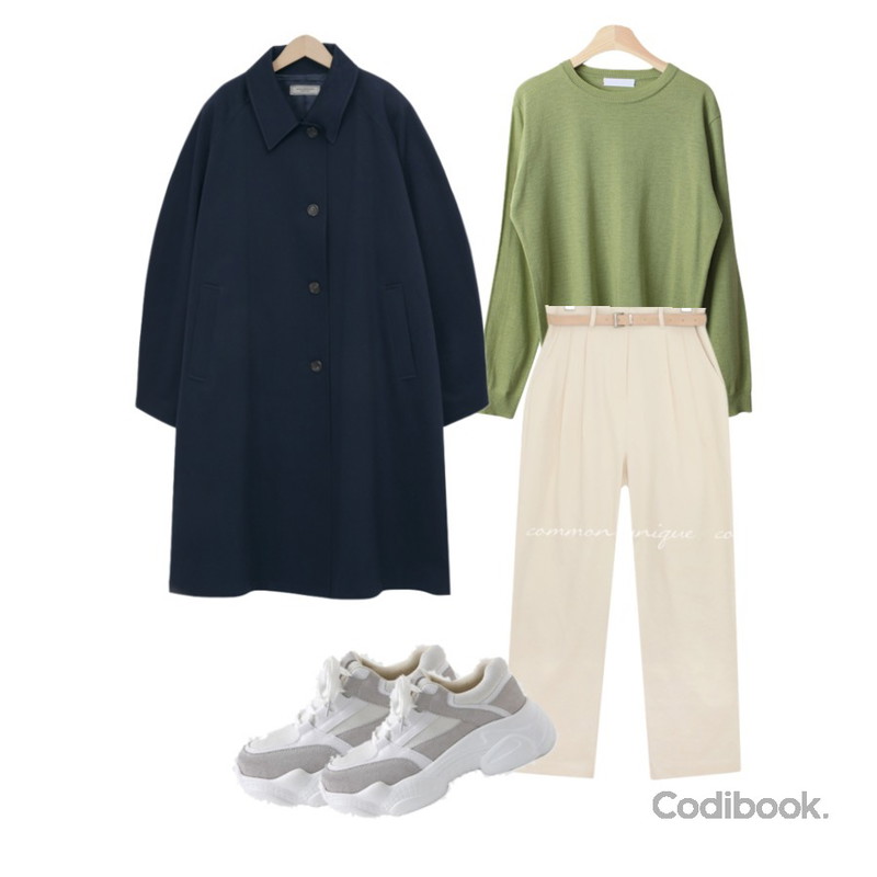 LOVELY SHOES 로드 가죽 어글리 스니커즈 5.5cm,From Beginning Doner long trench coat (size : free),BACHO 팝팝 라운드 니트등을 매치한 코디