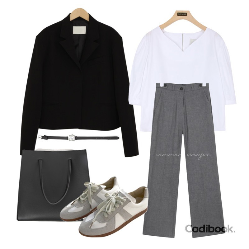 ENVYLOOK 마르지에스니커즈,ROCOSIX 포히션 데일리 시계,common unique SUNDAY BUTTON WIDE SLACKS등을 매치한 코디