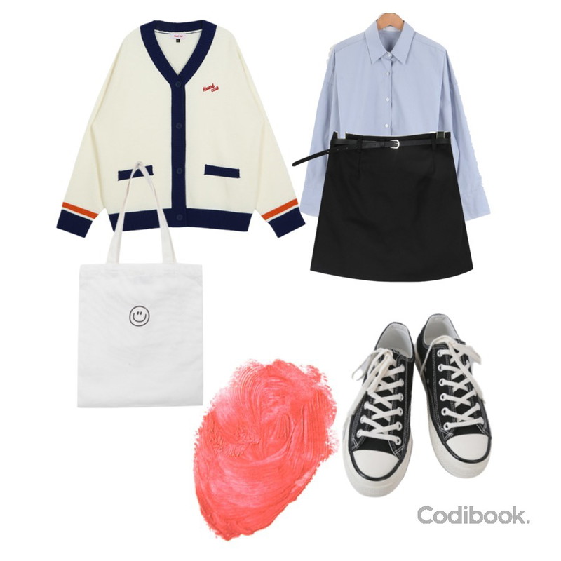 BULLANG GIRL 심플스마일에코백,MIXXMIX Heart Color Block Knit Cardigan (Black),square101 지나 미니스커트 (4color)등을 매치한 코디