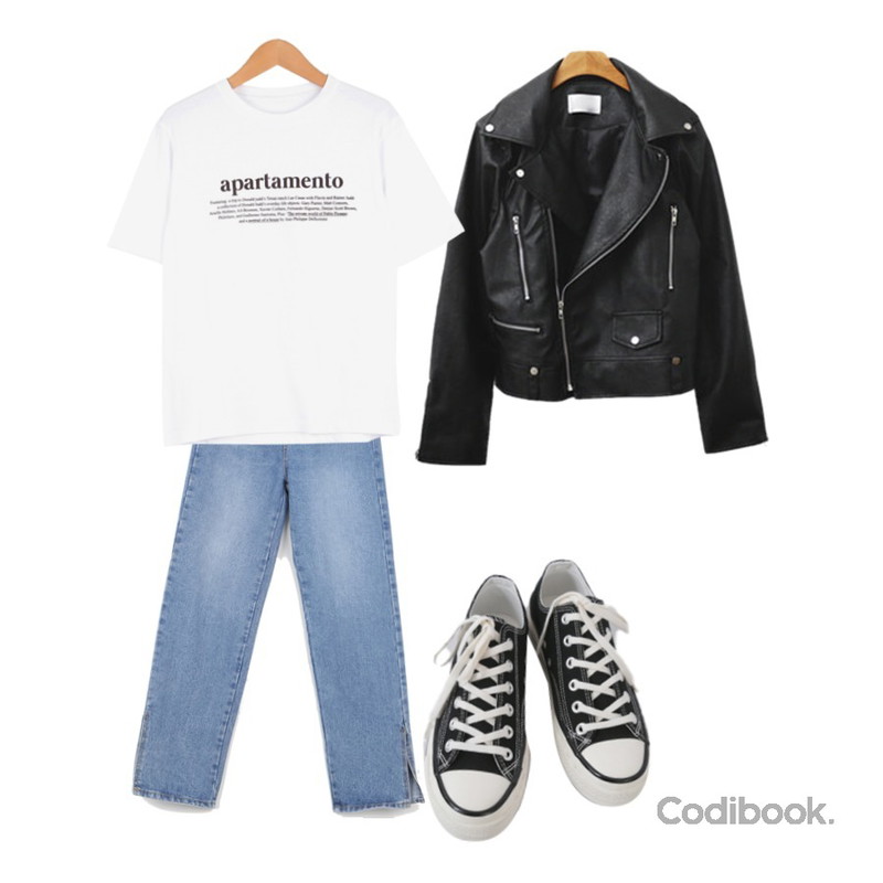 ENVYLOOK 시니컬레더자켓,SOMEPLACE 내추럴 워싱 슬릿 데님팬츠,AFTERMONDAY basic casual color sneakers (10colors)등을 매치한 코디