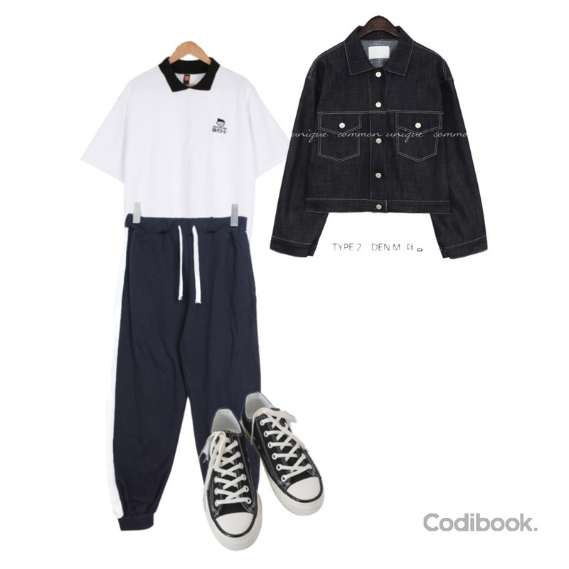 BULLANG GIRL 아카짱 카라 반팔티 (당일출고),BULLANG GIRL 와썹조거트레이닝P,common unique VEIN SET-UP COTTON JACKET - 2 TYPE등을 매치한 코디