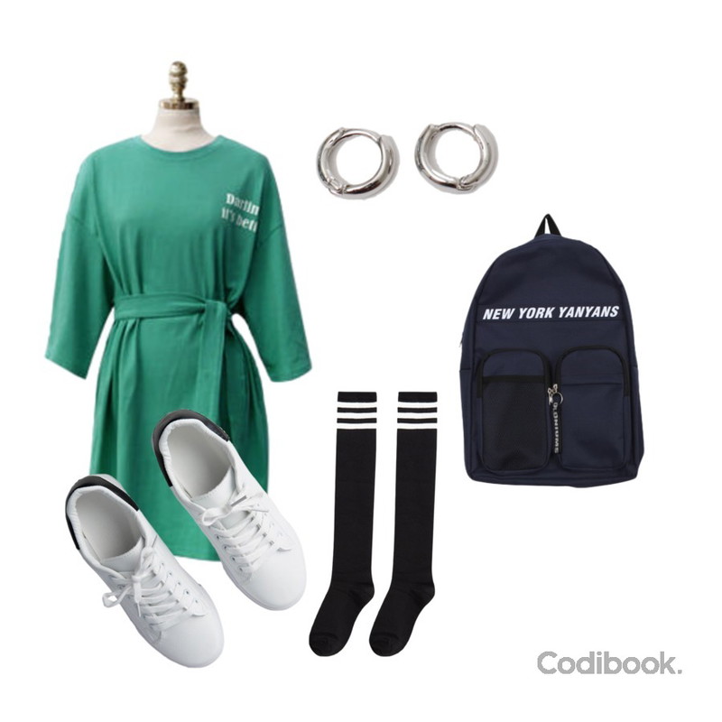 BULLANG GIRL 뉴욕포리백팩,From Beginning Simple minimal earring_B (size : one),ENVYLOOK 잇츠베럴원피스등을 매치한 코디