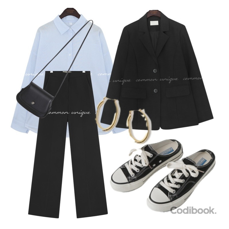AFTERMONDAY simple mule sneakers (2colors),AFTERMONDAY gorgeous bold earrings,From Beginning 새들미니 크로스백 (5color)등을 매치한 코디