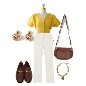 Daily,Casual,Yellow,블라우스,바지,Brown 코디