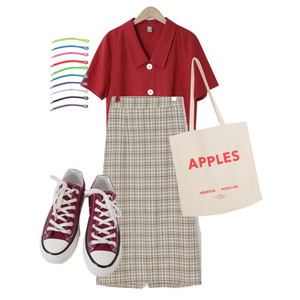 Casual,Daily,체크스커트,스커트,셔츠,Red 코디