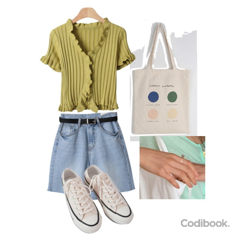 BACHO 코진 컷팅 4부 데님팬츠(벨트SET),square101 컬러링 에코백 (1color),AFTERMONDAY basic casual color sneakers (10colors)등을 매치한 코디