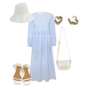 Daily,Casual,원피스,Blue,White,상쾌,모자 코디