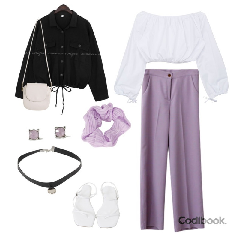 BULLANG GIRL 써클레더초커,BANHARU daily layered earring set,MIXXMIX 리본 크롭 오프숄더등을 매치한 코디
