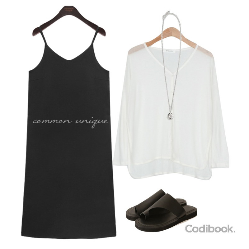 common unique SICLA SLIT BUSTIER LONG OPS,common unique PHERD UNBAL SLIPPER,BANHARU 텐셀 옆트임 단추가디건등을 매치한 코디