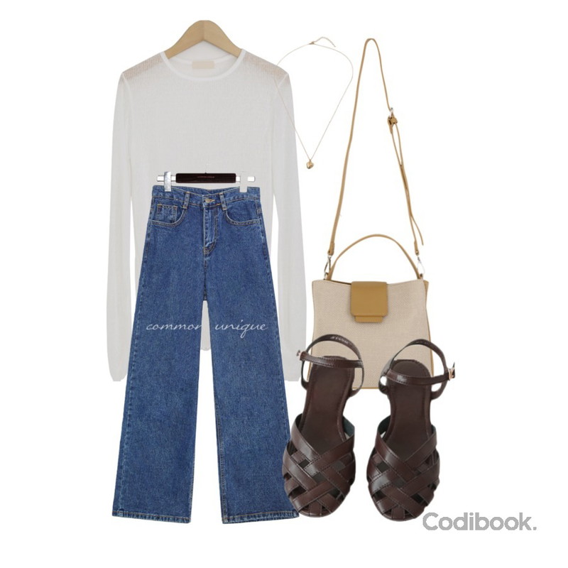 AFTERMONDAY ankle strap leather sandals (3colors),common unique CANMORE WIDE DENIM PANTS,From Beginning mini point love necklace_C (size : one)등을 매치한 코디