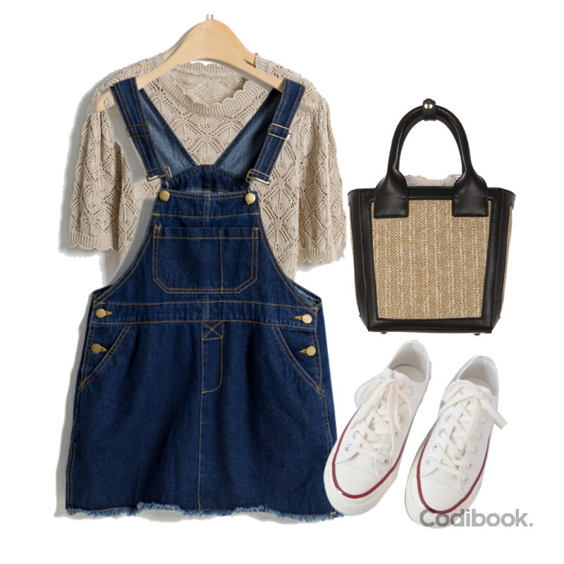 AFTERMONDAY basic casual color sneakers (10colors),REDIT 물결 크로셰 니트,REDIT 걸리쉬 데님 오버롤 원피스등을 매치한 코디