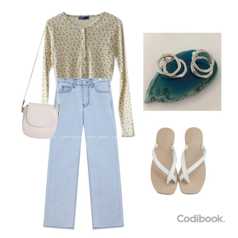 lavenir closer earring,AFTERMONDAY crop kitsch flower cardigan (2colors),From Beginning 심플플랩 라운드미니백 (4color)등을 매치한 코디