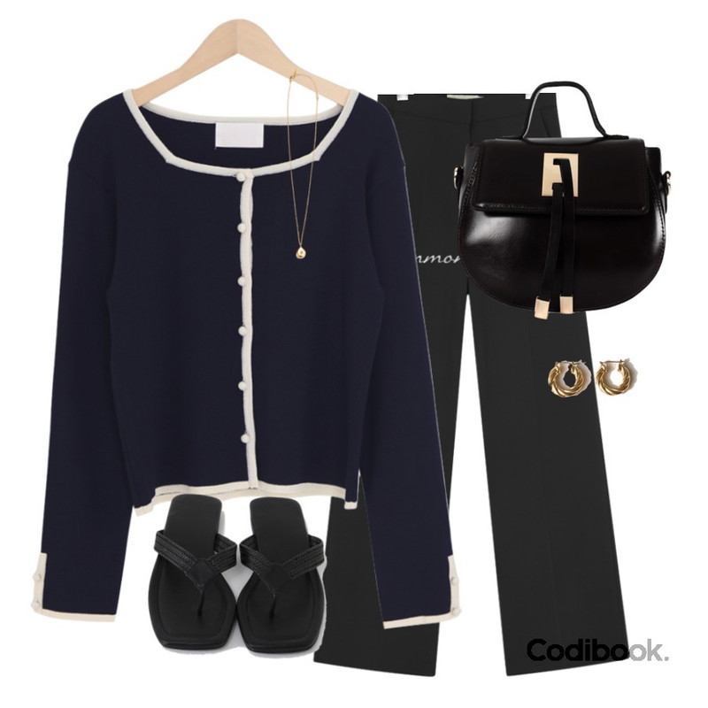 biznshoe Half moon tote & cross bag (2color)* 소가죽,common unique TWIST HOOP EARRING,From Beginning 배색라인 스퀘어넥가디건 (2color)등을 매치한 코디