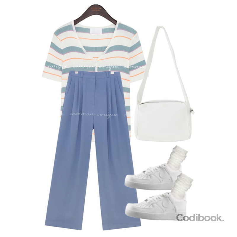 From Beginning 메모리아 스퀘어숄더백 (4color),common unique MOA COLOR STRIPE 1/2 KNIT CARDIGAN,common unique LOFT PINTUCK WIDE SLACKS등을 매치한 코디
