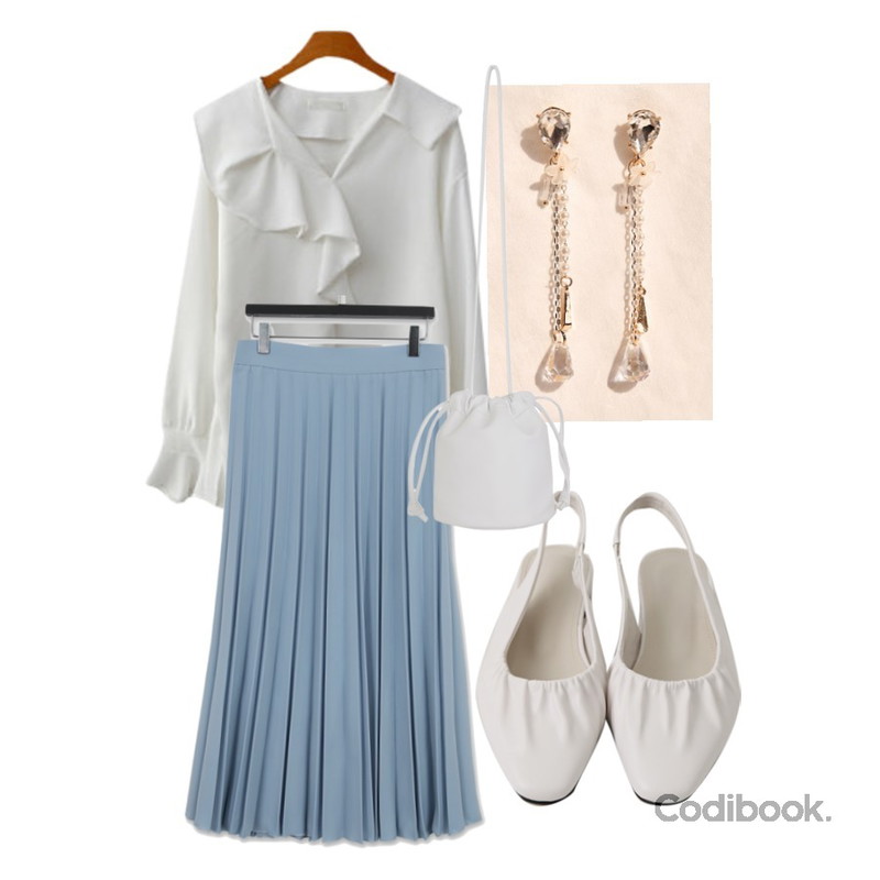 common unique TELLING CRYSTAL DROP EARRING,ENVYLOOK 터치프릴블라우스,From Beginning Classy shirring sling back_J (size : 225,230,235,240,245,250)등을 매치한 코디