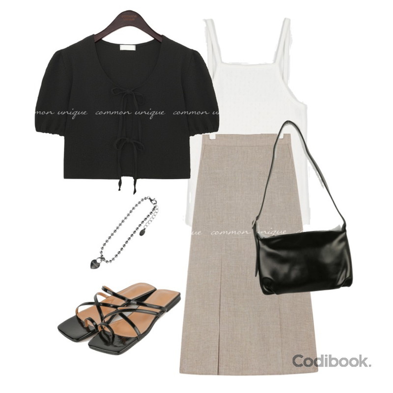 common unique ORI STRAP PUFF CROP 1/2 CARDIGAN,somedayif 하트 볼 체인 실버 브레이슬릿,somedayif 조안 샤인 새들 숄더 백등을 매치한 코디