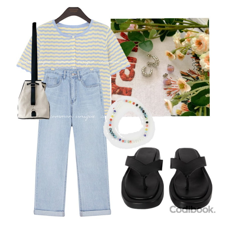 BANHARU 마블링 포인트 귀걸이 세트,common unique JED ROLL UP WIDE DENIM PANTS,MINIBBONG 매니 캔버스백등을 매치한 코디