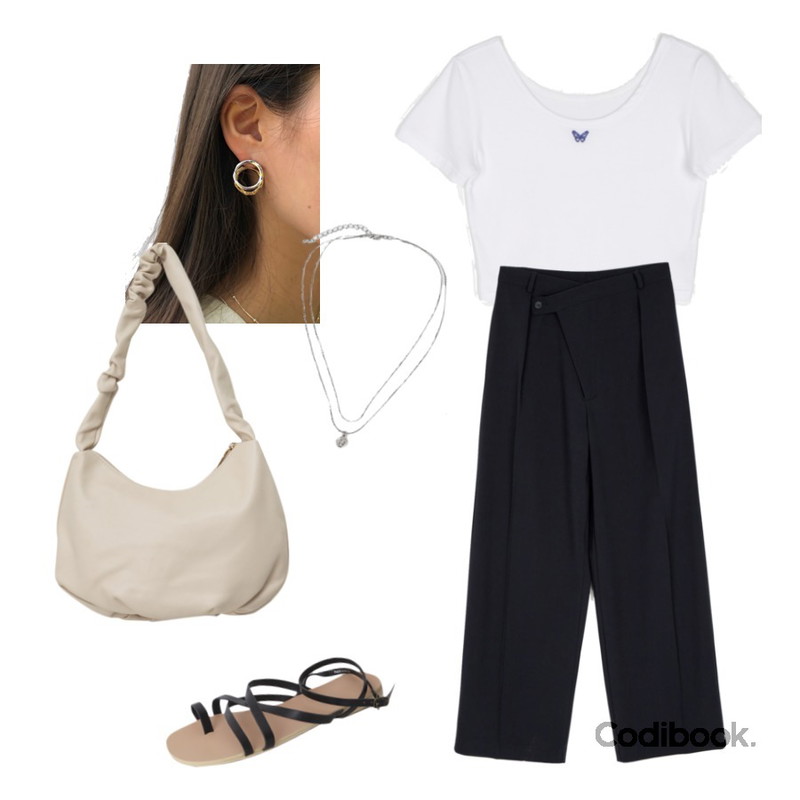 lavenir closer earring,From Beginning Coin layered necklace_K (size : one),From Beginning Wrinkle strap shoulder bag_J (size : one)등을 매치한 코디
