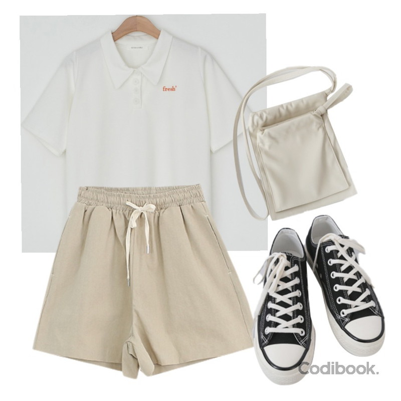 AFTERMONDAY basic casual color sneakers (10colors),BANHARU 자수 세미크롭 카라넥티,AFTERMONDAY pocket layered handy bag (4colors)등을 매치한 코디