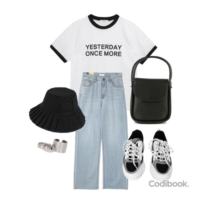biznshoe Lettering 3set ring,somedayif 플리츠 코튼 버킷 햇,somedayif 심플 스퀘어 크로스 토트 백등을 매치한 코디
