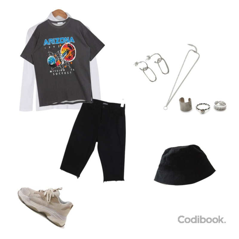Zemma World Daily pic ring (3set),LOVELY SHOES 카즈론 가죽 스니커즈 5cm,BANHARU two chain circle necklace등을 매치한 코디