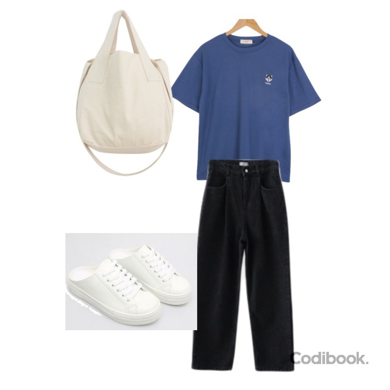 AFTERMONDAY pintuck maxi black denim,WONLOG 내추럴 에코 백,BULLANG GIRL 뭉이 자수 반팔티등을 매치한 코디