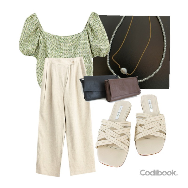 WONLOG 린넨 사선 슬랙스,WONLOG 트위드 크롭 블라우스,WONLOG 레이어드 진주 목걸이등을 매치한 코디