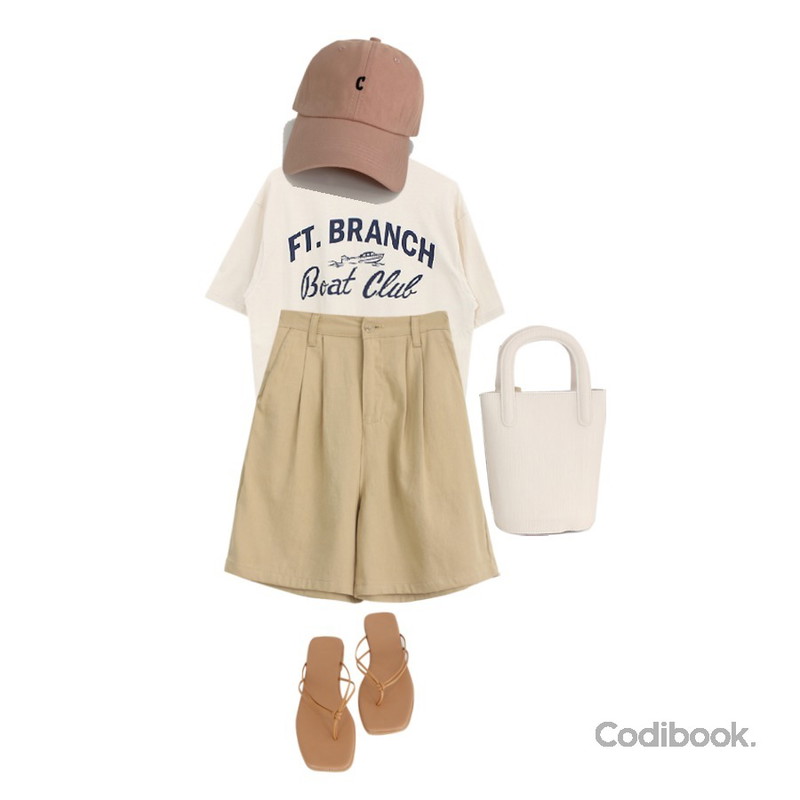 WONLOG 핀턱 하프 팬츠,WONLOG 이니셜 볼캡,WONLOG 데일리 우드 백등을 매치한 코디
