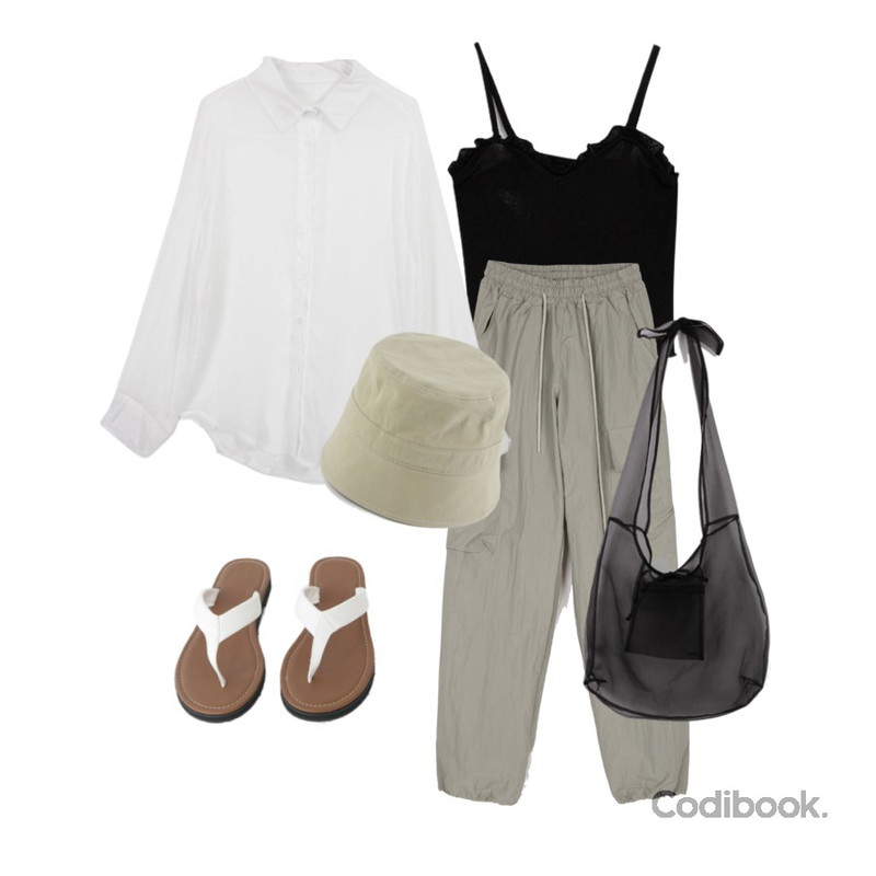 somedayif 유니섹스 나일론 조거 팬츠,MIXXMIX 달팡 프릴 나시 세트,binary01 루즈핏 어번 시스루셔츠등을 매치한 코디