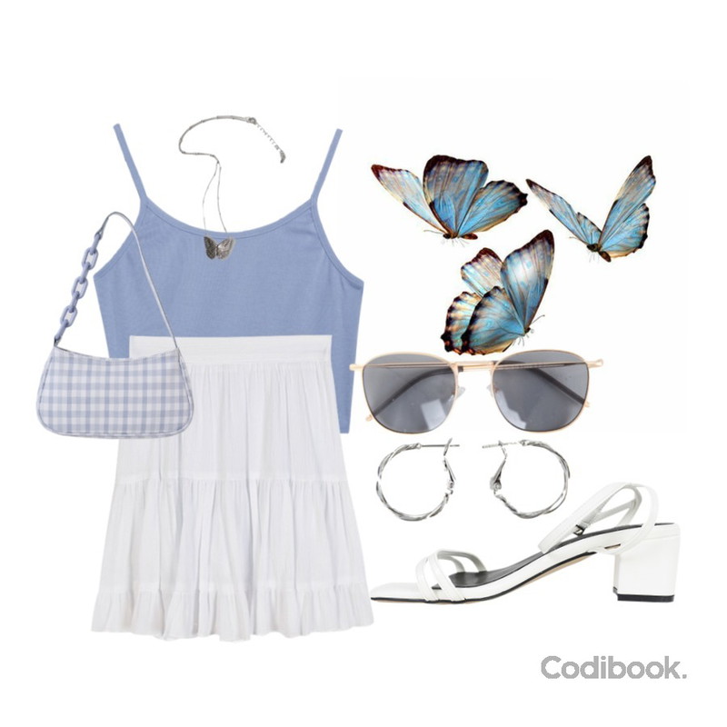 BULLANG GIRL 메탈라인선글라스,BANHARU trendy easy ring earring,AFTERMONDAY butterfly vintage necklace등을 매치한 코디