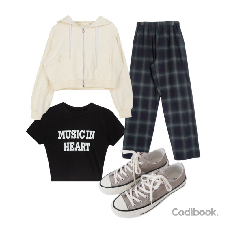 GIRLS RULE 유럽 체크 밴딩팬츠 (pt1855),MIXXMIX 포포 크롭 후드 집업,AFTERMONDAY basic casual color sneakers (10colors)등을 매치한 코디