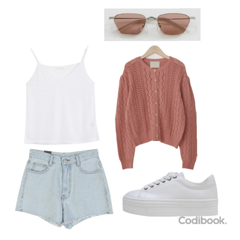 LOVELY SHOES 헤나스 통굽 스니커즈 4cm,From Beginning Joyful color puff cardigan_Y (size : free),From Beginning 유니크 스퀘어썬글라스 (4color)등을 매치한 코디