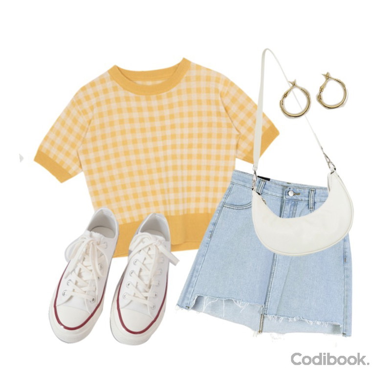 AFTERMONDAY basic casual color sneakers (10colors),MIXXMIX 비비 체크 니트,dangosister 언발컷팅청SK(3c)등을 매치한 코디