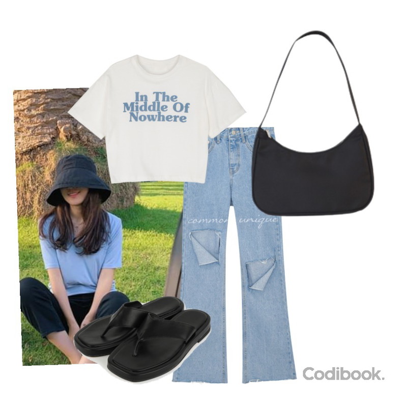 common unique CADDY DAMAGE LONG DENIM PANTS,AFTERMONDAY color point petit mini bag (4colors),somedayif 나우 프린팅 크롭 라운드넥 티셔츠등을 매치한 코디
