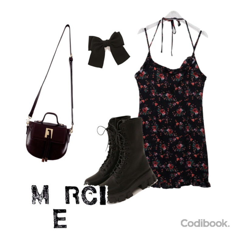 biznshoe Half moon tote & cross bag (2color)* 소가죽,common unique ELLO LINE RIBBON HAIR PIN,common unique KORID LACE-UP HIGH WALKER등을 매치한 코디