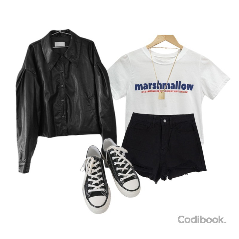 AFTERMONDAY shoulder puff fake leather jacket (2colors),AFTERMONDAY basic casual color sneakers (10colors),From Beginning 오블롱 펜던트체인목걸이등을 매치한 코디