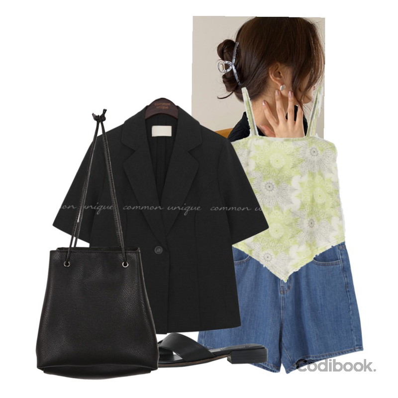 From Beginning MORE JEAN_wideshorts (3color),common unique LUMAR ONE BUTTON 1/2 JACKET,lavenir nori hair pin등을 매치한 코디