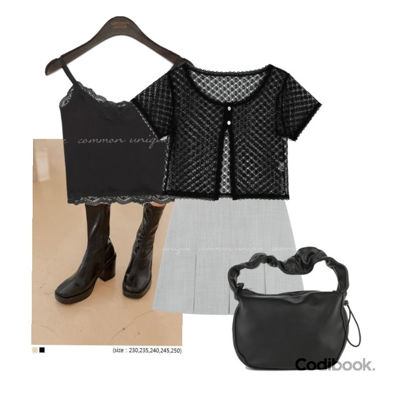 common unique MARVIN SQUARE CHUNKY HEEL BOOTS,common unique LACE CROP SLEEVELESS,somedayif 스토퍼 링클 라운드 투웨이 숄더 백등을 매치한 코디