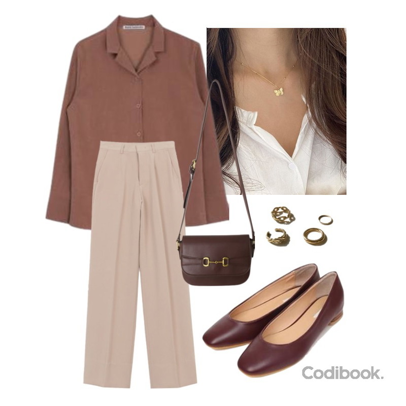 AIN daily wooden flat shoes (4 colors),MIXXMIX 제니 카라 블라우스,common unique LAOM LAYERED RING 4 SET등을 매치한 코디