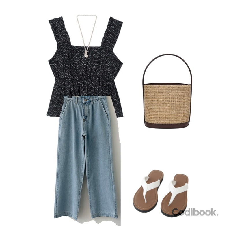 AIN made circle rattan bag,From Beginning 뉴하트 실버체인목걸이,AFTERMONDAY soft casual flip flops (3colors)등을 매치한 코디